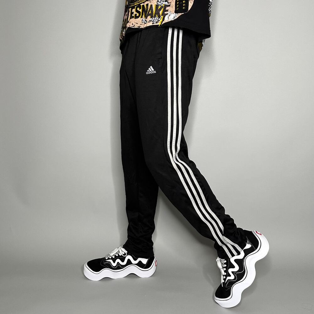 Vintage Y2K Adidas Joggers Mens L Slim Fit Jet Black Polyester White 3 Stripes - Picture 1 of 4